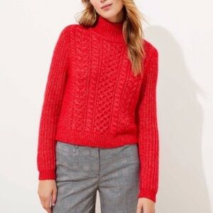 Loft Mock Neck Wool‎ Blend Cable Knit Turtle Neck Sweater Red Large